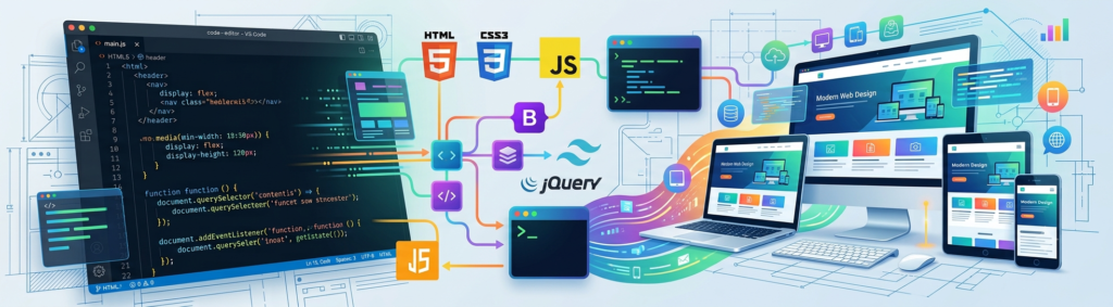 "Modern web designing course banner showing a code editor with HTML, CSS, and JavaScript connected to responsive devices like a desktop, laptop, tablet, and smartphone."