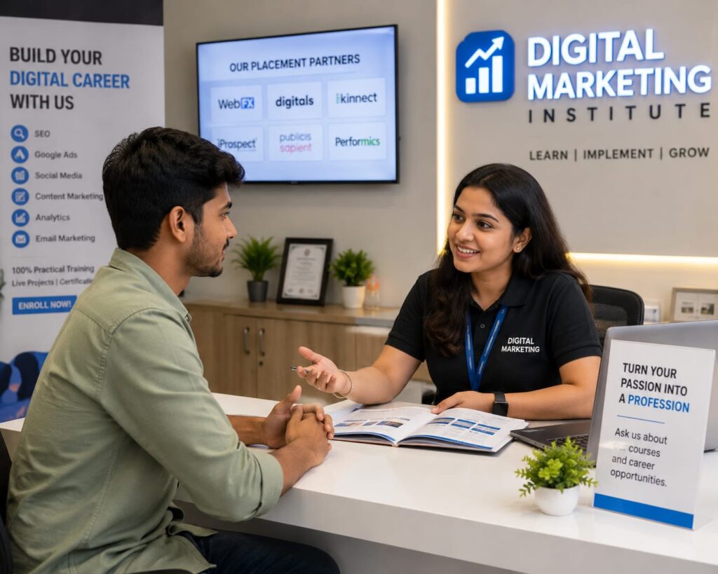 A student receives career guidance from a trainer at a modern digital marketing institute near Paschim Vihar, highlighting personalized counseling and course selection.