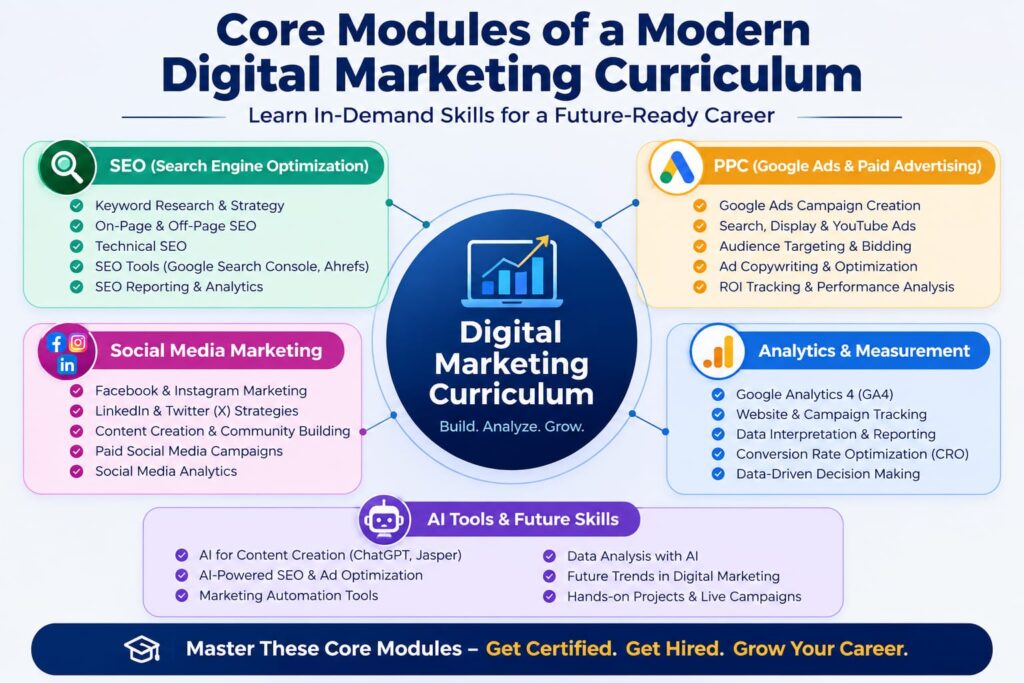 Core modules covered in a modern digital marketing course, including SEO, Google Ads, social media marketing, analytics, and AI-powered marketing tools.