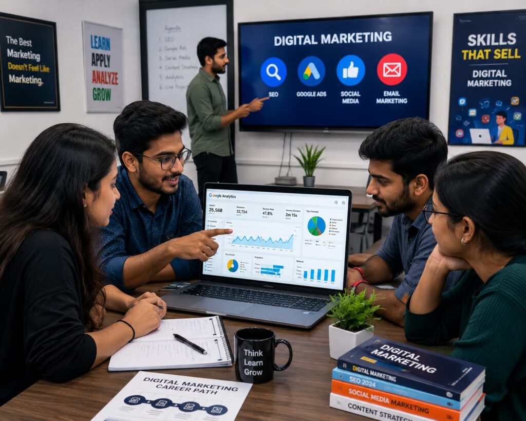 Students learning digital marketing through analytics dashboard at a digital marketing institute near Paschim Vihar